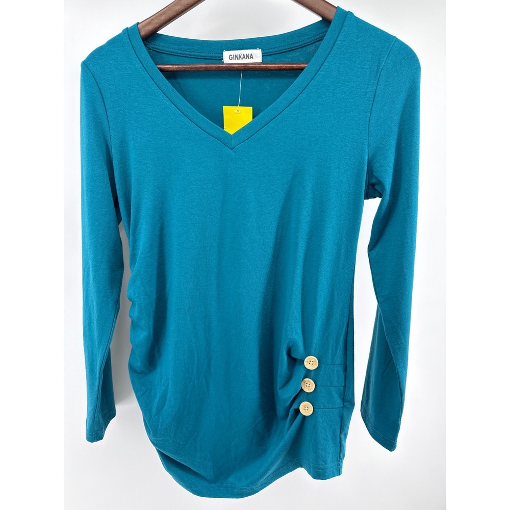 Ginkana Women Teal Blue V-Neck Long Sleeve Side Ruched‎ Button Detail Top Size M